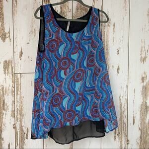 Yummy Plus, Blue Print Sleeveless Blouse Sheer Back Detail. Size 1X.